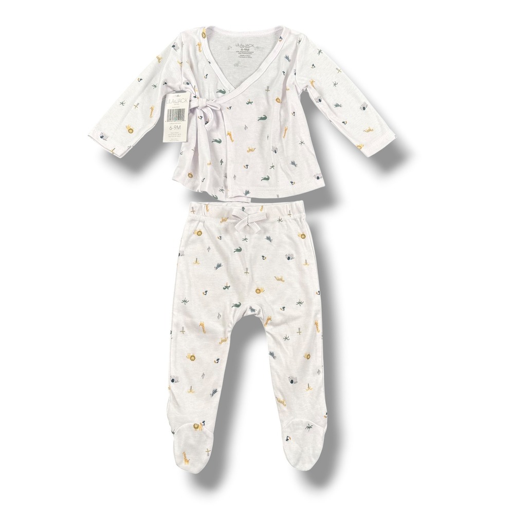Lila & Jack Baby 6-9M Safari Animal Print Kimono Wrap Top & Footed Pants Set 256